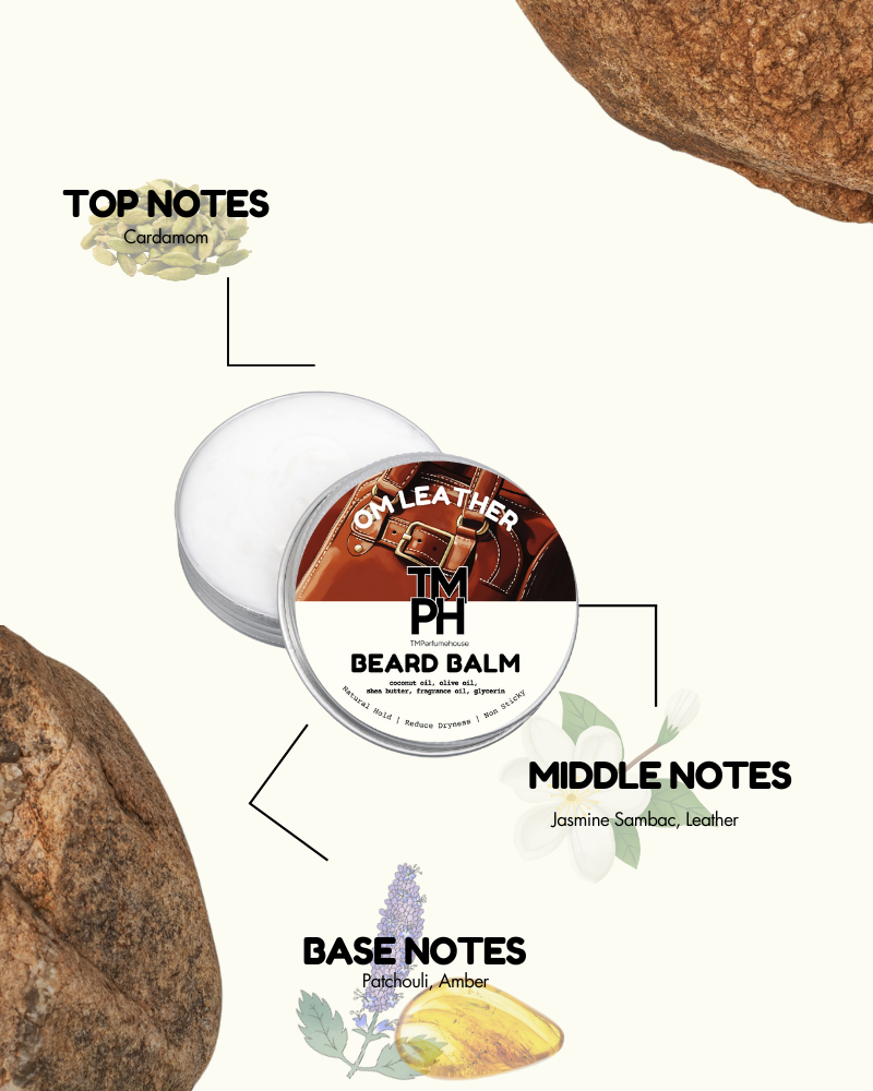 Beard balm container with notes on top, middle, and base scents on a white background
