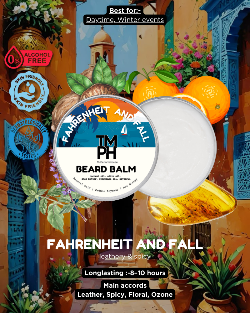 Beard balm container with decorative background featuring plants and architecture