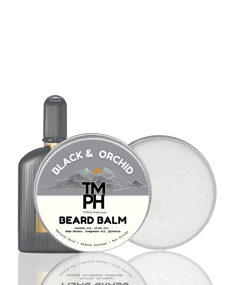 TM PH Black & Orchid beard balm with a bottle on a white background