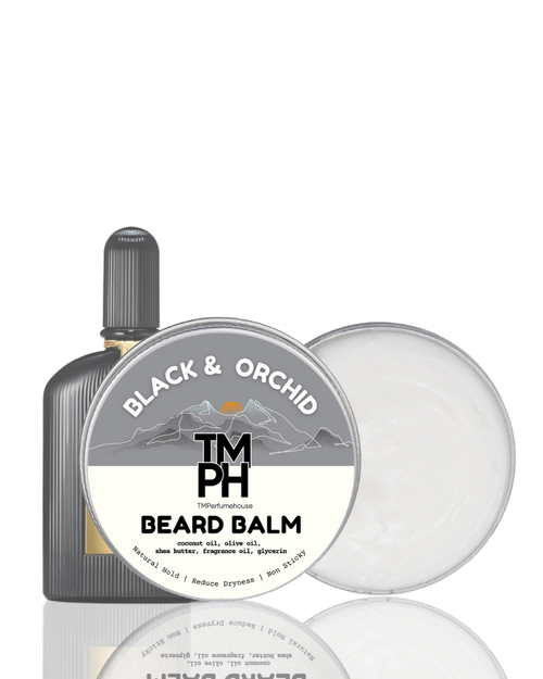 TM PH Black & Orchid beard balm with a bottle on a white background