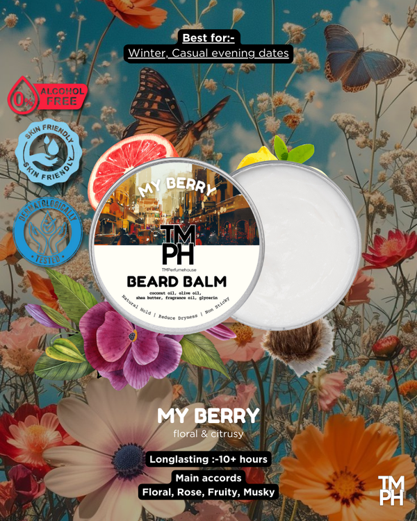 Beard balm packaging with floral and butterfly design on a colorful background