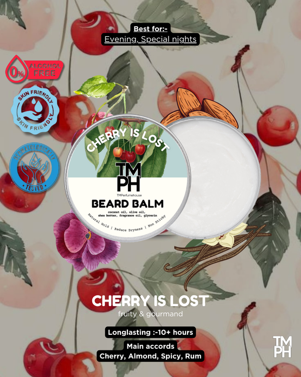 Beard balm packaging with cherry-themed design and product details.