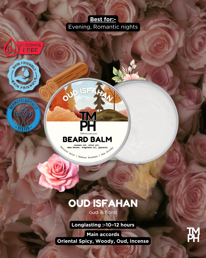 Beard balm container with branding on a background of pink roses, featuring product details and benefits.