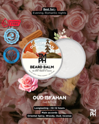 Beard balm container with branding on a background of pink roses, featuring product details and benefits.
