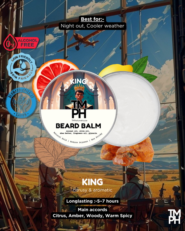 Beard balm packaging with a scenic background and product details.