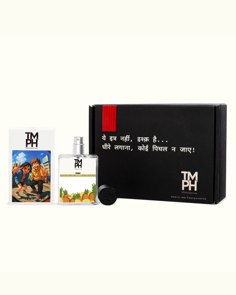 Perfume bottle with packaging and a card featuring 'TM PH' branding on a white background.