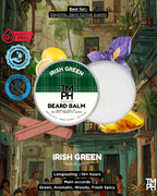 Beard balm container with 'Irish Green' flavor on a colorful street scene background