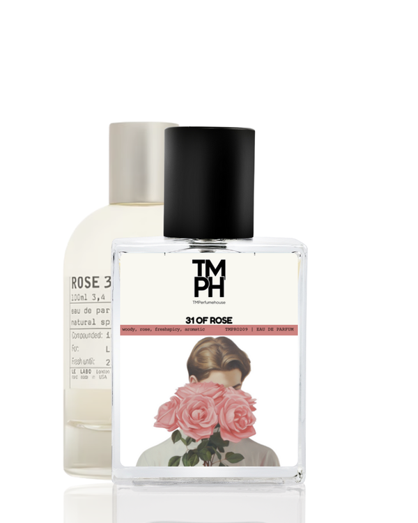 Perfume bottle labeled 'TM PH' with a design of a person holding roses on a white background
