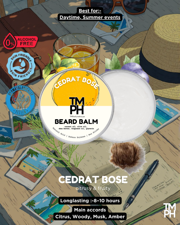 Beard balm container with travel-themed background including a hat, sunglasses, and travel documents.
