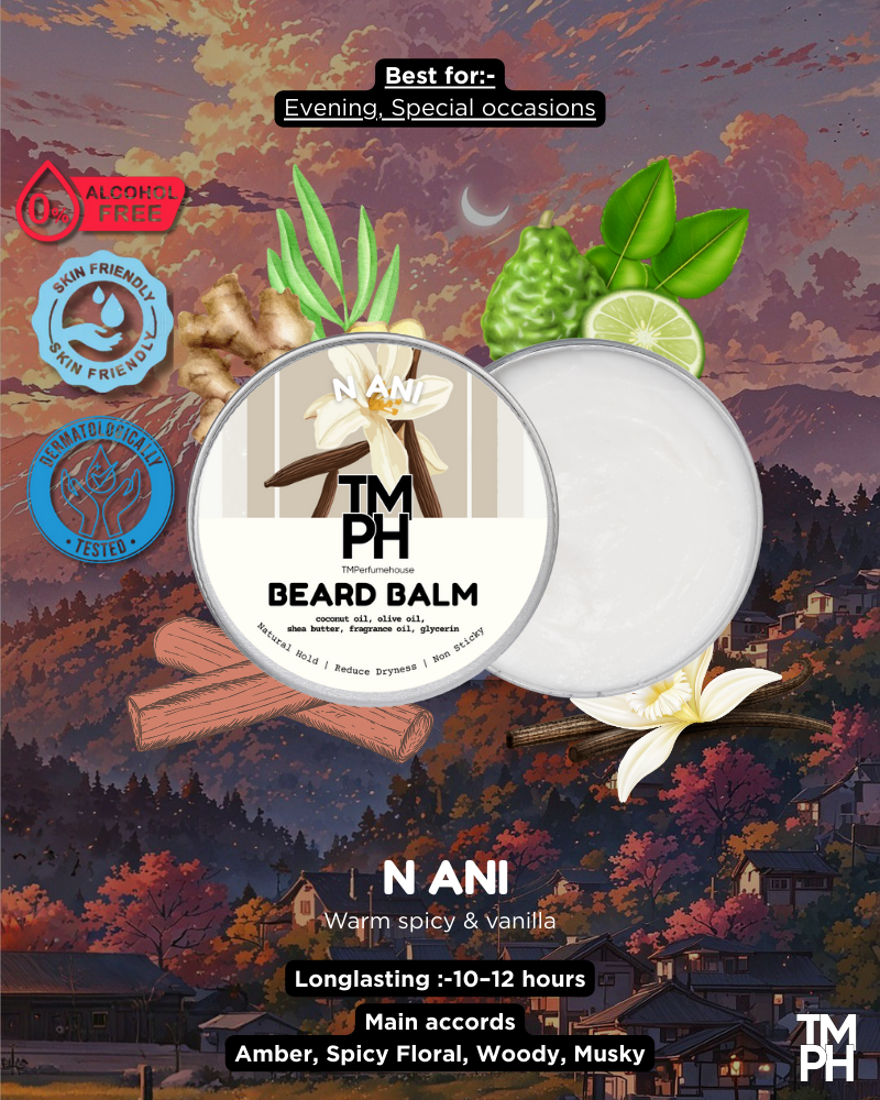Beard balm packaging with natural ingredients and scenic background