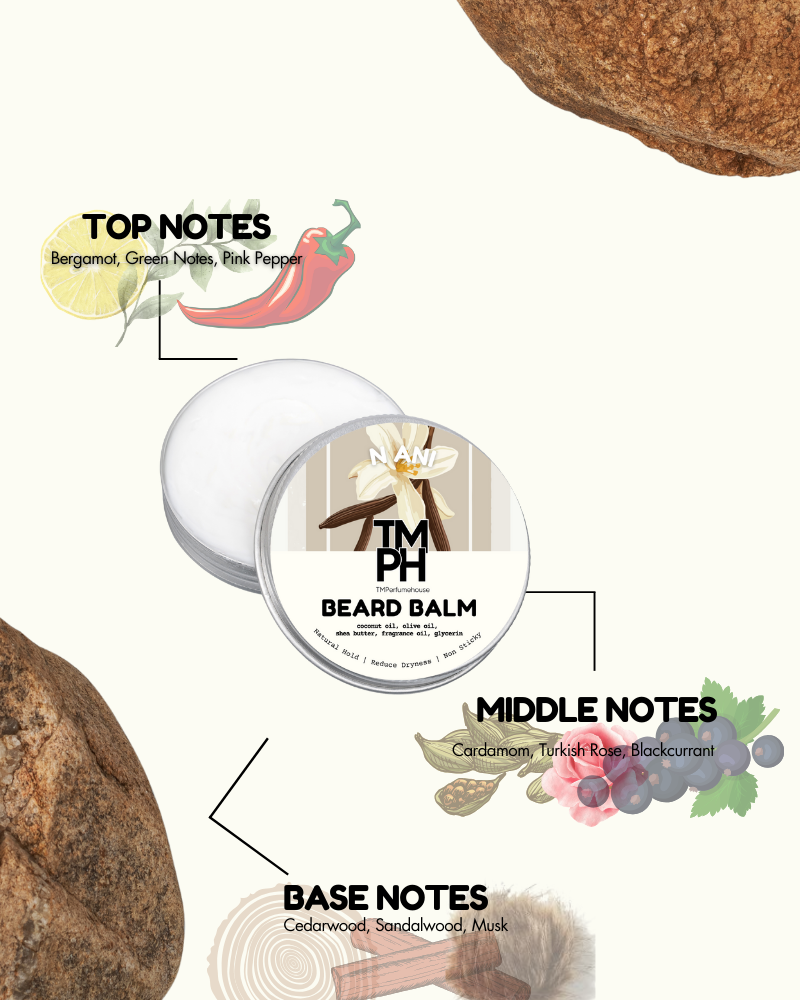Beard balm container with flavor notes displayed on a white background