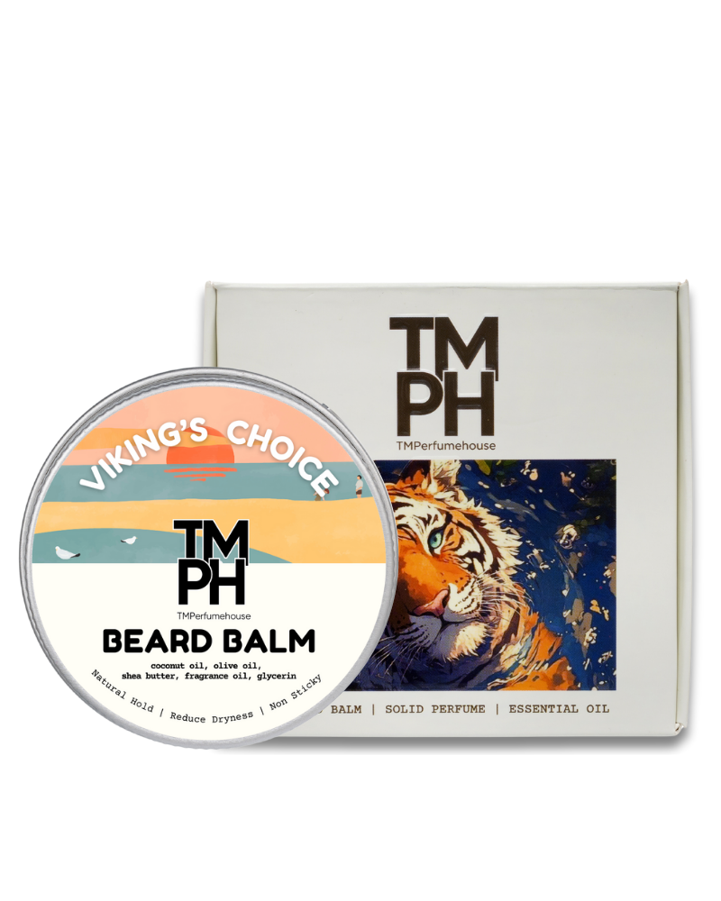 Beard balm container with 'Viking's Choice' label and packaging featuring a tiger illustration on a white background.