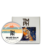 Beard balm container with 'Viking's Choice' label and packaging featuring a tiger illustration on a white background.