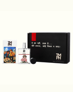 Perfume bottle with packaging and posters featuring 'TMH' branding on a white background
