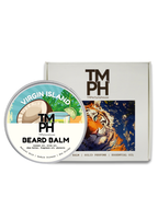 TM PH Beard Balm container with Virgin Island flavor label and packaging box featuring a tiger illustration.