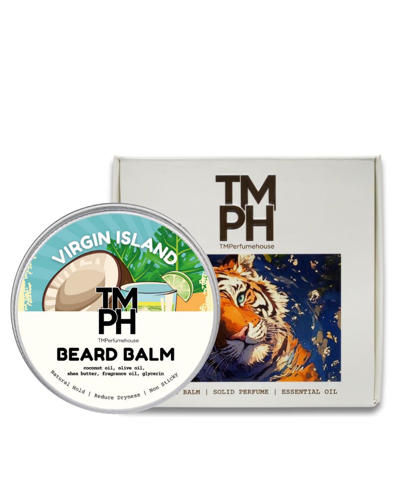 TM PH Beard Balm container with Virgin Island flavor label and packaging box featuring a tiger illustration.