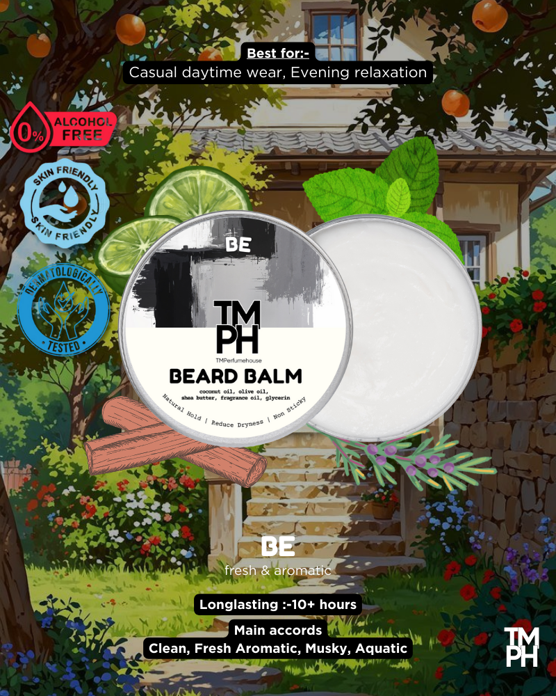 Beard balm packaging with garden scene and product details