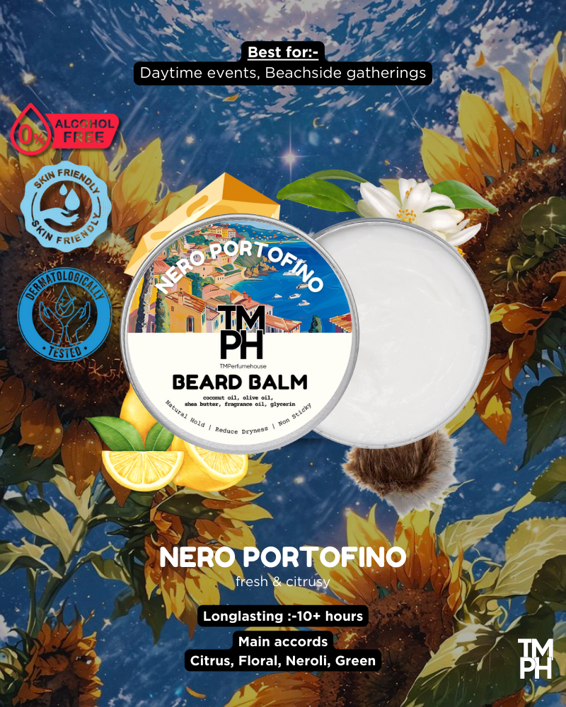 Beard balm container with floral and beach background