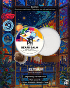 Beard balm container with colorful label against a vibrant, abstract background