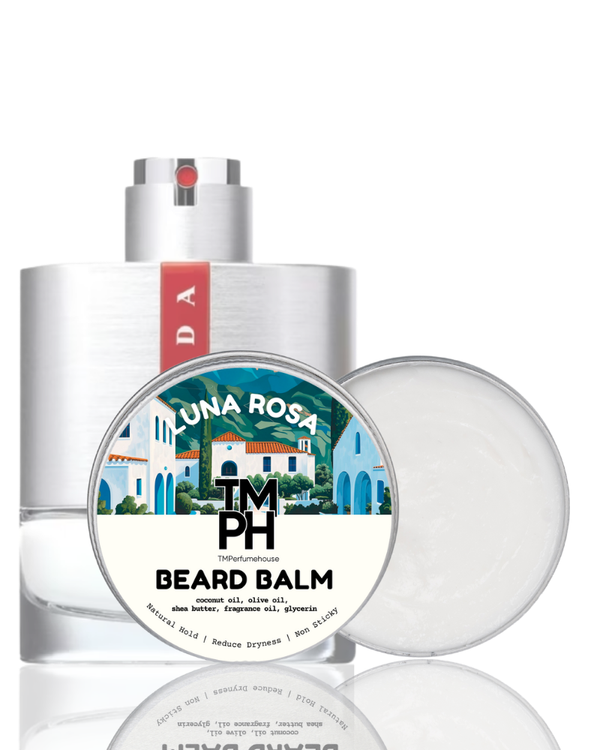 Beard balm packaging with label featuring a scenic design on a white background