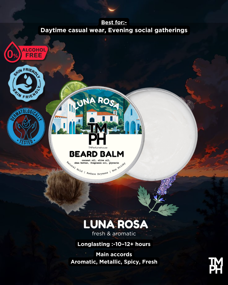 Beard balm container with Luna Rosa branding against a scenic sunset background
