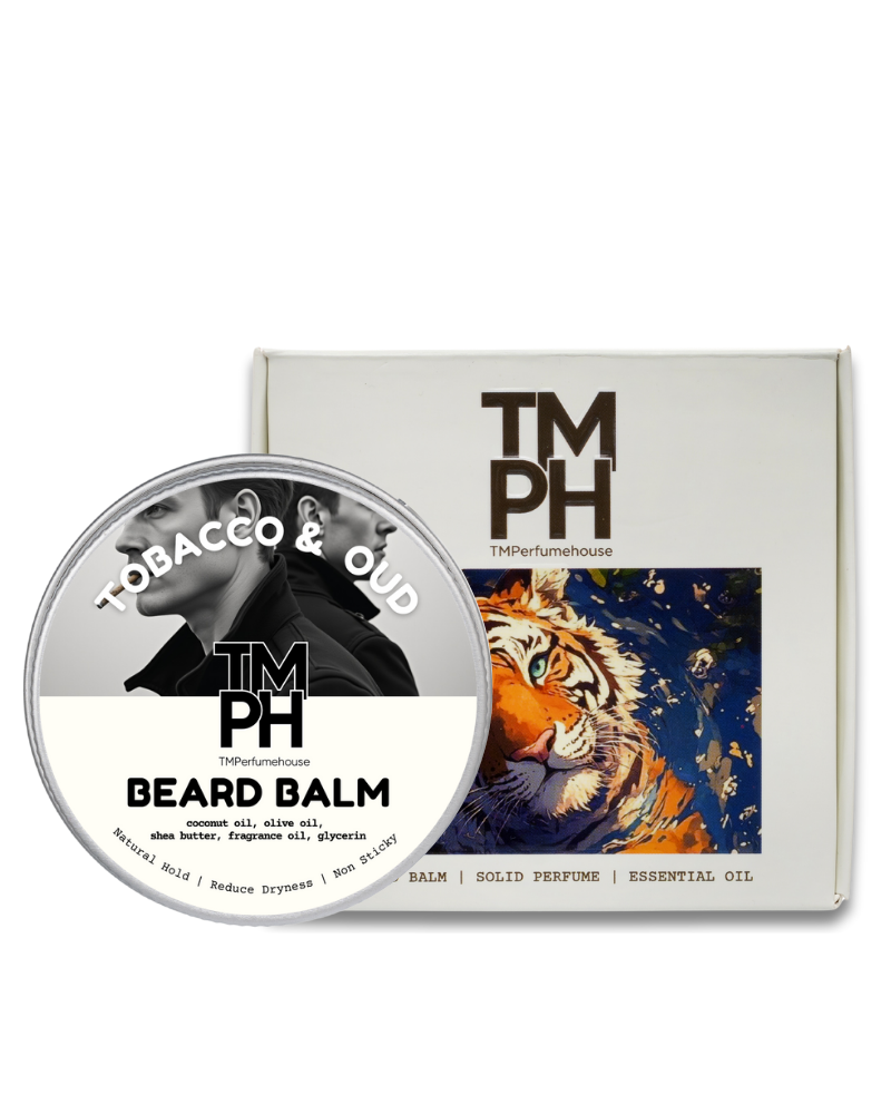 TM PH beard balm container with tiger design on packaging