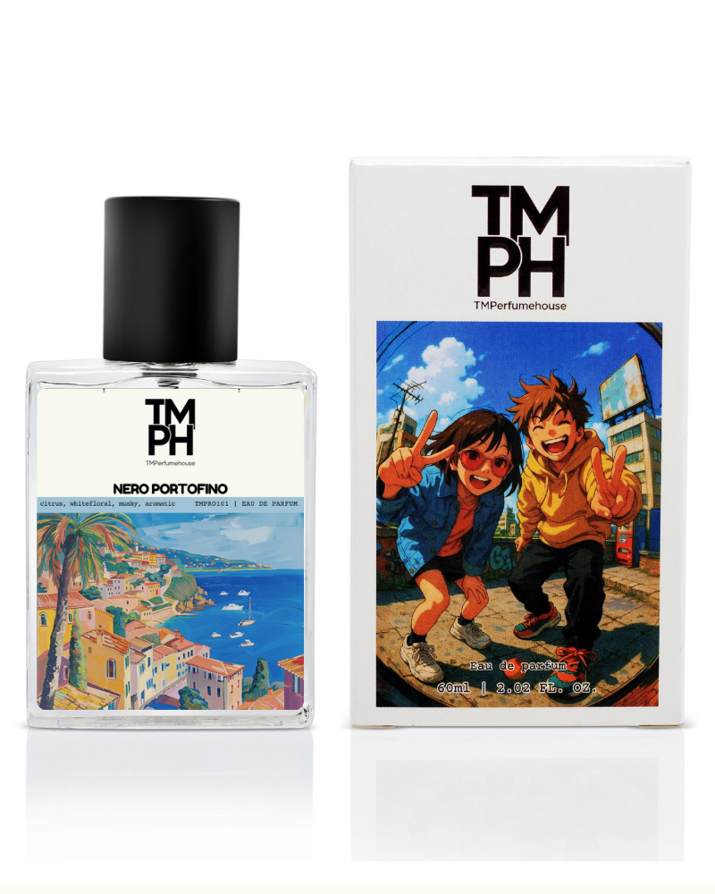 Perfume bottle and packaging with 'TM Perfumehouse' branding and colorful design elements.