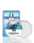 Blue bottle of TM PH Beard Balm with a white cap on a white background