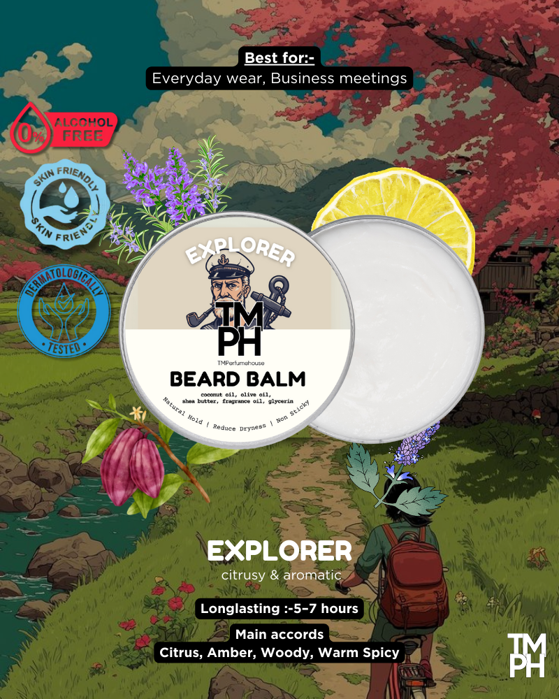 Advertisement for TM PH Explorer Beard Balm with nature-themed background