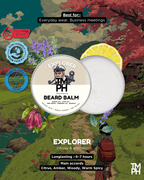 Advertisement for TM PH Explorer Beard Balm with nature-themed background