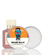 Beard balm with colorful label and bottle on a white background