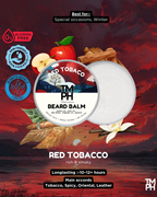Beard balm packaging with red tobacco flavor on a scenic background