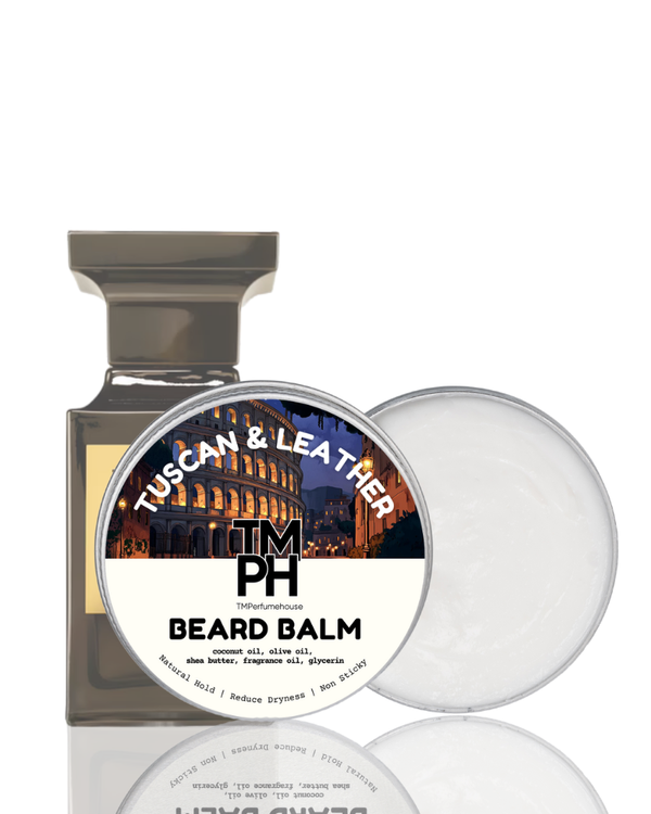 Beard balm container with 'Tuscan & Leather' scent on a white background