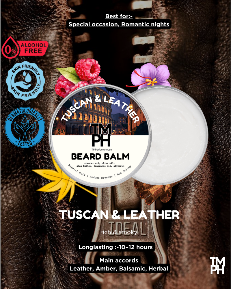 Beard balm container with branding and product details on a textured background