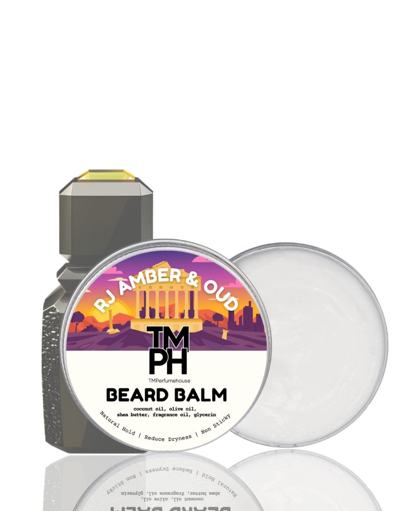 Beard balm and bottle with colorful label on a white background