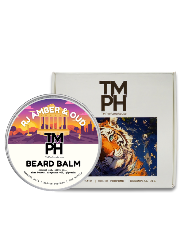 TM PH beard balm container with tiger illustration on a white background