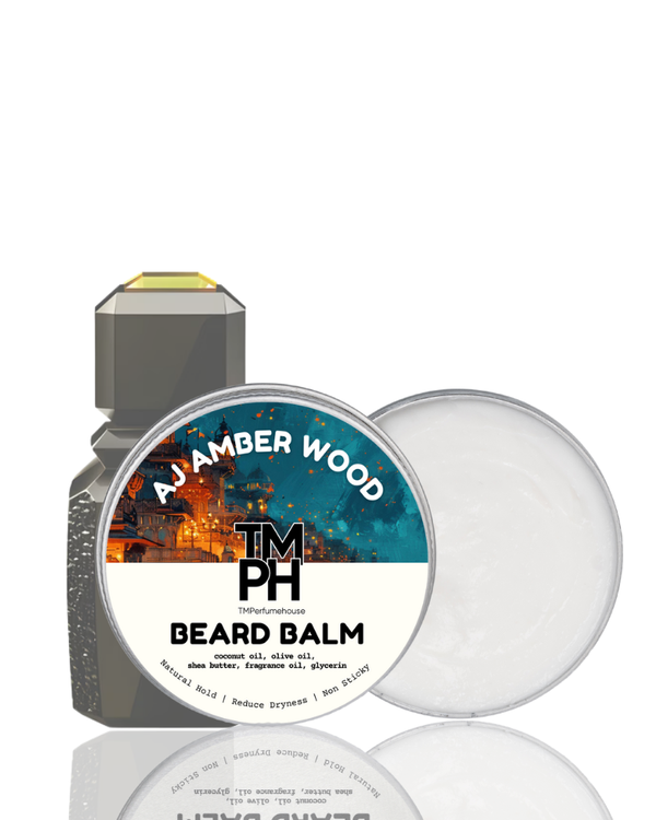 Beard balm packaging with a bottle and container on a white background