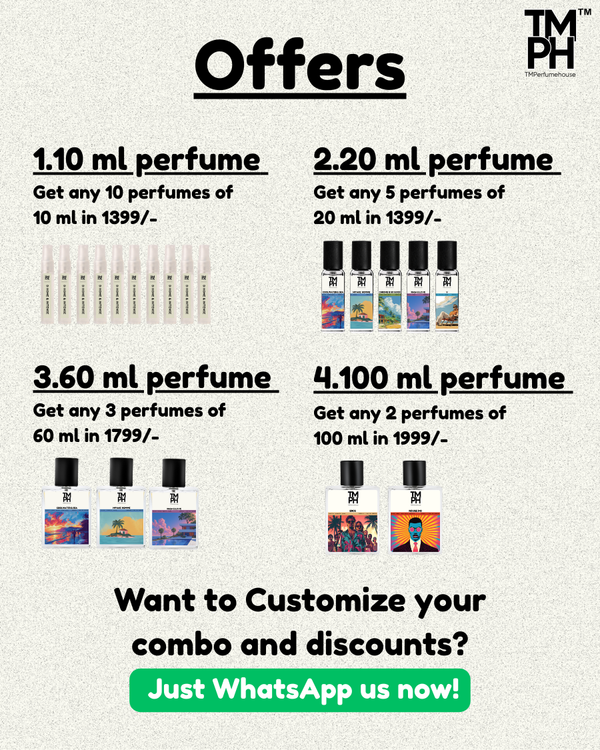 Promotional offer for perfumes with different sizes and pricing on a light gray background.