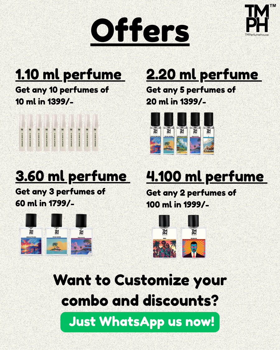 Promotional offer for perfumes with different sizes and pricing on a light gray background.